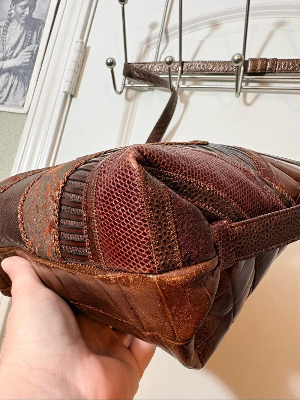 Vintage 80s Sharif Patchwork Leather Shoulder Bag Croc Snake Spiral